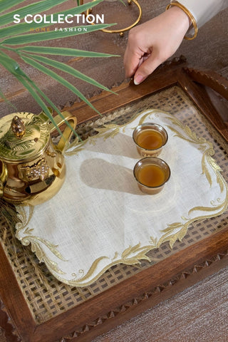Tulip Design Tray Cover - % 100 Linen Fabric - Shine Gold Embroidered