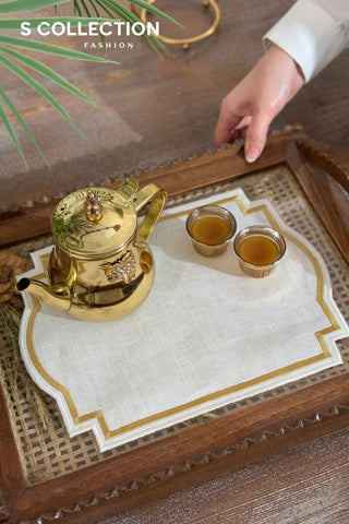 Graceful Design Tray Cover - %100 Linen Fabric - Gold Embroidered