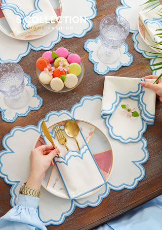 Cloud Light Blue Embroidered Placemat Set, 24 Pieces for 6