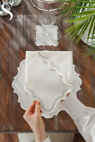 Camila Silver & Off White Embroidered Placemat Set, 24 Pieces for 6