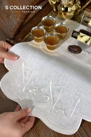 Welcome Design Tray Cover - %100 Linen Fabric - Off White Embroidered