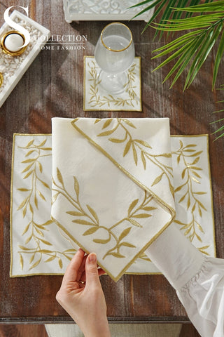 Flower Gold Embroidered Placemat Set, 24 Pieces for 6
