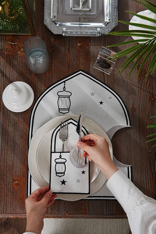Ramadan Qamar Black & Silver Embroidered Placemat Set, 12 Pieces for 6