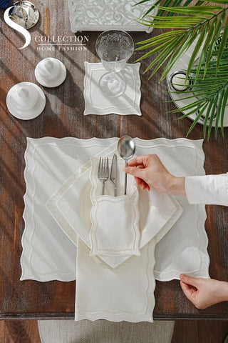 Leo Off White Embroidered Placemat Set, 24 Pieces for 6