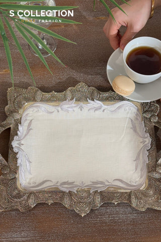 Tulip Design Tray Cover - %100 Linen Fabric - Silver Embroidered