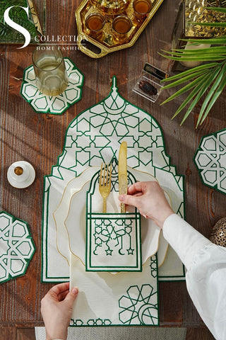 Ramadan Dome Green & Off White Embroidered Placemat Set, 24 Pieces for 6
