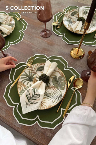 Valeria Green Embroidered Placemat Set, 18 Pieces for 6