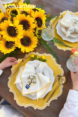 Camila Yellow Embroidered Placemat Set, 18 Pieces for 6