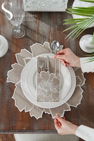 Eloise Cappuccino Embroidered Placemat Set, 12 Pieces for 6