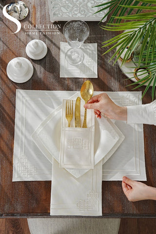 Pyramid Off White Embroidered Placemat Set, 24 Pieces for 6