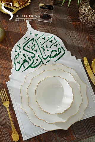 Ramadan Qubba Green & Off White Embroidered Placemats, 12 Pieces for 12