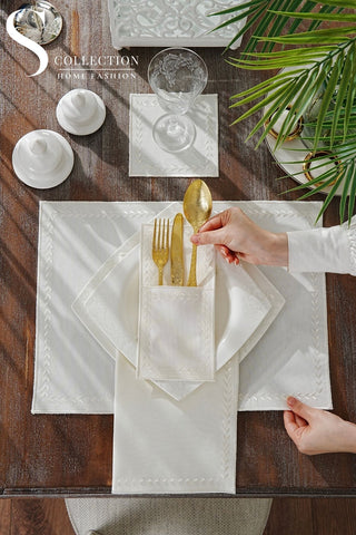 Leafy Allure Cornered Off White Embroidered Placemat Set, 24 Pieces for 6