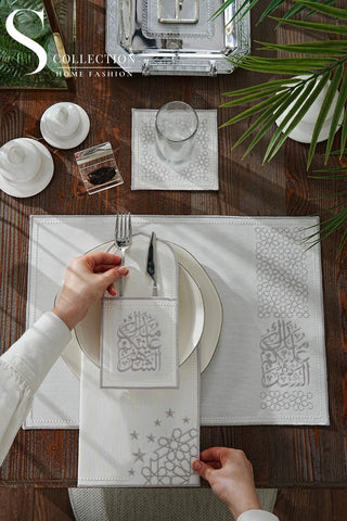 Ramadan Chic Silver Embroidered Placemat Set, 24 Pieces for 6
