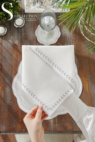 Leafy Allure Silver Embroidered Placemat Set, 24 Pieces for 6