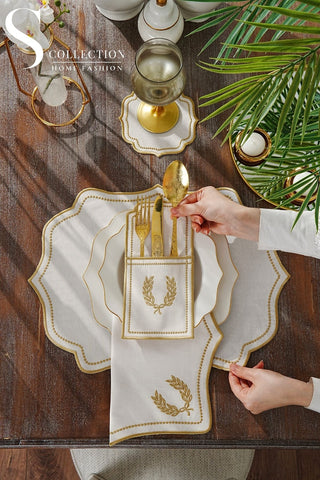 Laurel Wreath Gold Embroidered Placemat Set, 24 Pieces for 6
