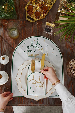 Ramadan Qabool Green & Gold Embroidered Placemat Set, 12 Pieces for 6