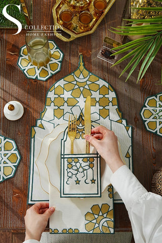 Ramadan Dome Green & Gold Embroidered Placemat Set, 24 Pieces for 6