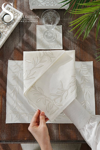 Flower Off White & Silver Embroidered Placemat Set, 24 Pieces for 6