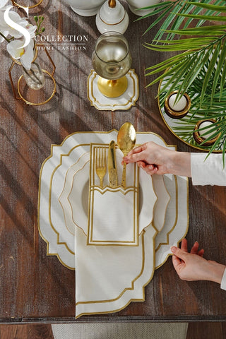 Amelia Gold Embroidered Placemat Set, 24 Pieces for 6