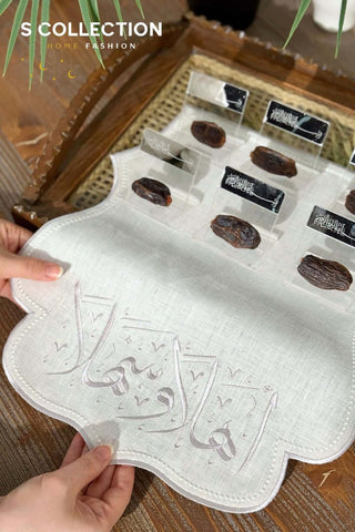 Welcome Design Tray Cover - %100 Linen Fabric - Silver Embroidered