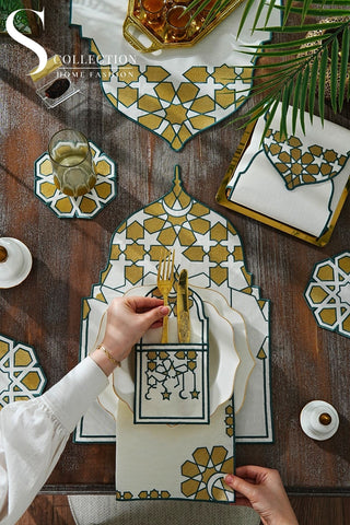 Ramadan Dome Green & Gold Embroidered Full Placemat Set, 26 Pieces for 6