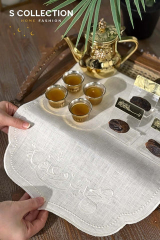 Sahtain wa Afia Design Tray Cover - %100 Linen Fabric - Off White Embroidered