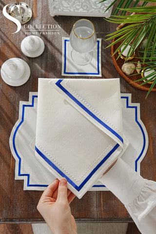 Graceful Navy Blue Embroidered Placemat Set, 24 Pieces for 6