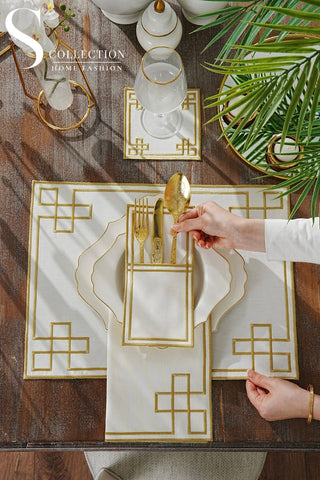 Classy Gold Embroidered Placemat Set, 24 Pieces for 6
