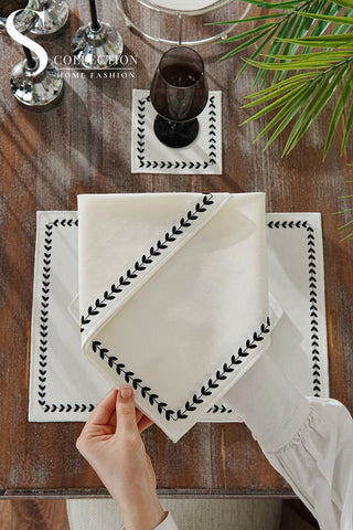 Leafy Allure Cornered Black Embroidered Placemat Set, 24 Pieces for 6