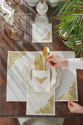 Evelyn Gold Embroidered Placemat Set, 24 Pieces for 6
