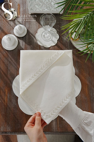 Leafy Allure Off White Embroidered Placemat Set, 24 Pieces for 6
