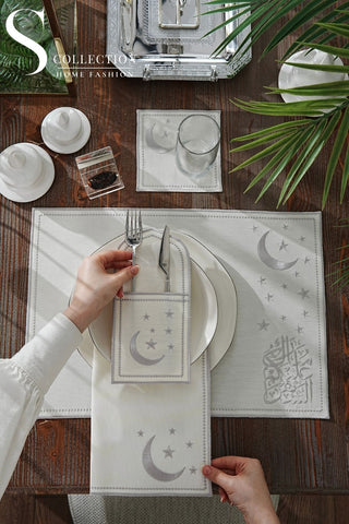 Ramadan Glamorous Silver Embroidered Placemat Set, 24 Pieces for 6