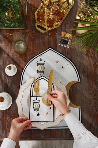 Ramadan Qamar Black & Gold Embroidered Placemat Set, 12 Pieces for 6