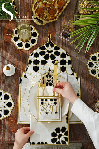 Ramadan Dome Black & Gold Embroidered Placemat Set, 24 Pieces for 6