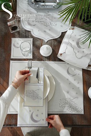Ramadan Stellar Serenity Silver Embroidered Full Placemat Set, 26 Pieces for 6