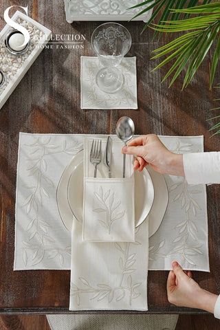 Flower Off White & Silver Embroidered Placemat Set, 24 Pieces for 6