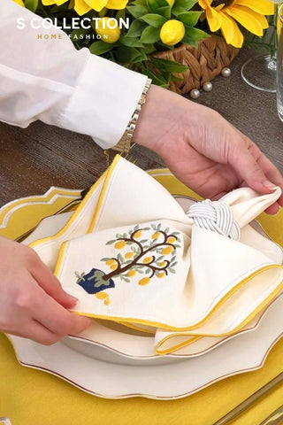 Camila Yellow Embroidered Placemat Set, 18 Pieces for 6
