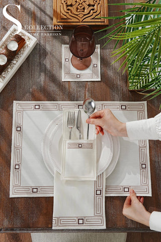 Tuscan Cappuccino & Brown Embroidered Placemat Set, 24 Pieces for 6