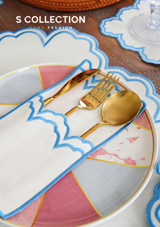 Cloud Light Blue Embroidered Placemat Set, 24 Pieces for 6