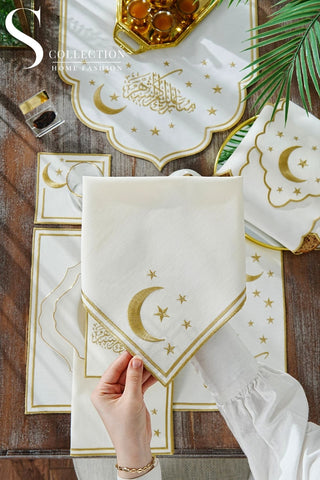 Ramadan Stellar Serenity Gold Embroidered Full Placemat Set, 26 Pieces for 6