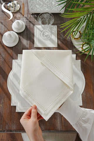 Graceful Off White Embroidered Placemat Set, 24 Pieces for 6