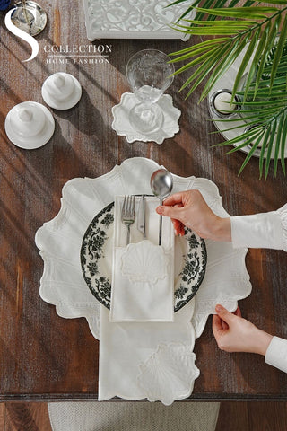 Marine Off White Embroidered Placemat Set, 24 Pieces for 6