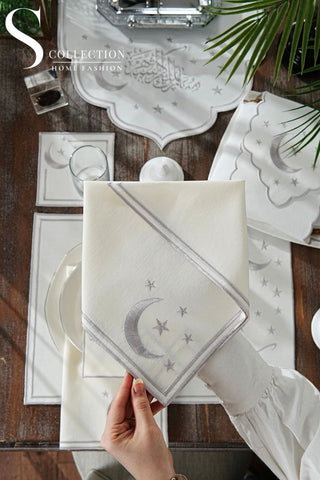 Ramadan Stellar Serenity Silver Embroidered Full Placemat Set, 26 Pieces for 6