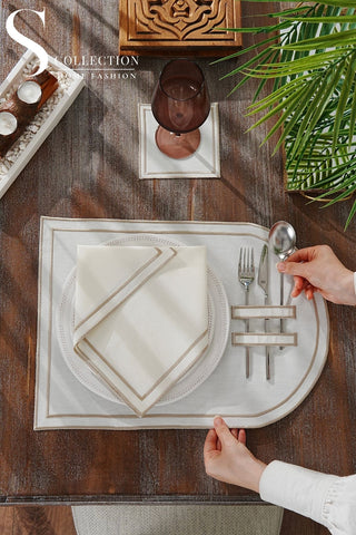Dora Cappuccino Embroidered Placemat Set, 18 Pieces for 6