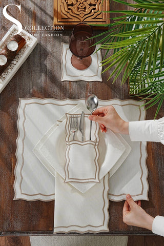 Leo Cappuccino Embroidered Placemat Set, 24 Pieces for 6