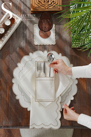 Tansy Cappuccino Embroidered Placemat Set, 24 Pieces for 6