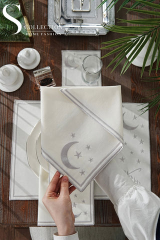 Ramadan Stellar Serenity Silver Embroidered Placemat Set, 24 Pieces for 6