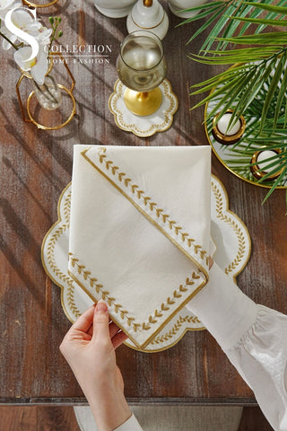 Leafy Allure Gold Embroidered Placemat Set, 24 Pieces for 6