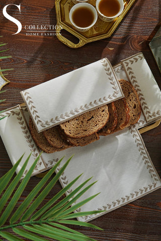 Leafy Allure Design Bread Basket Napkin - Waterproof Fabric - Cappuccino Embroidered
