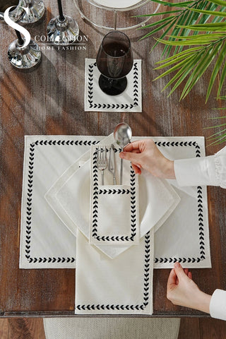 Leafy Allure Cornered Black Embroidered Placemat Set, 24 Pieces for 6